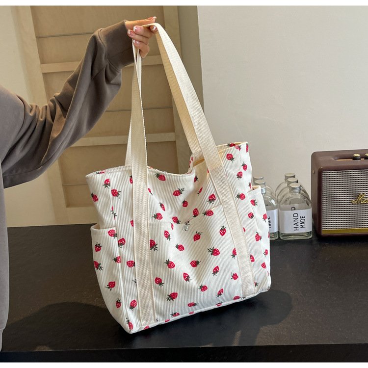 2024 Strawberry Bags Durable Corduroy Tote Bag For Women Wholesale Fashion Reusable Shopping Bag Handbag Drop Shipping