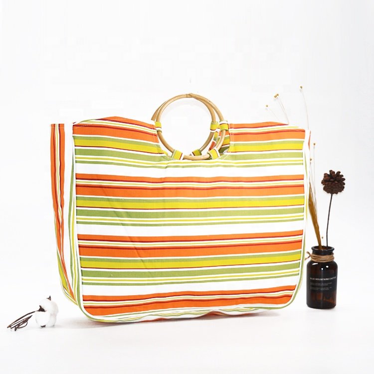 Wholesale Wood Circle-Shaped Handle Recycled Cotton Shopping Bag Utility Eco-friendly Women Canvas Tote Bag with Custom Logo
