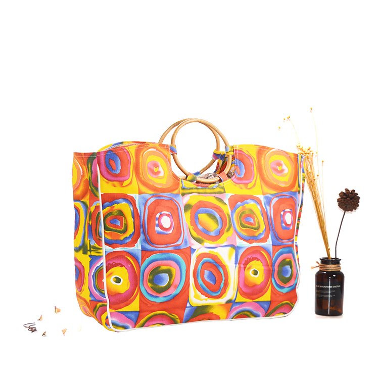 Wholesale Wood Circle-Shaped Handle Recycled Cotton Shopping Bag Utility Eco-friendly Women Canvas Tote Bag with Custom Logo