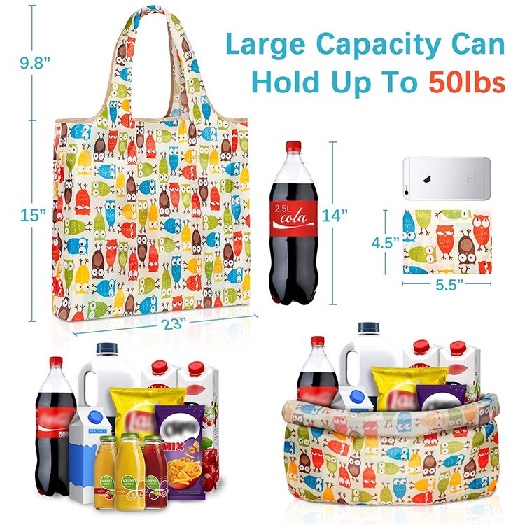 Custom Logo Eco Friendly Foldable Reusable Heavy Duty Expandable RPET Polyester Grocery Shopping Bag