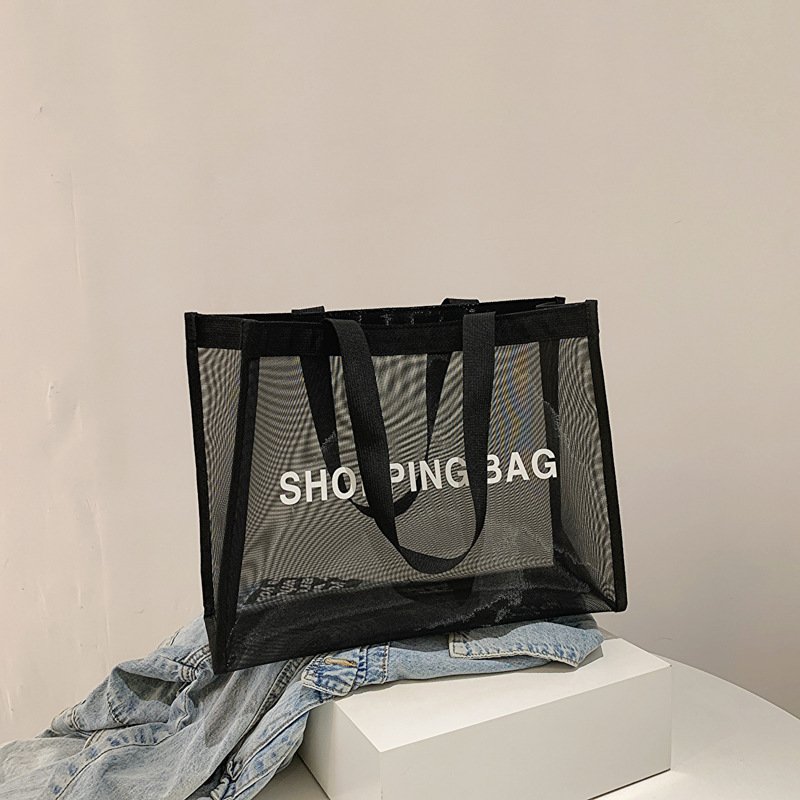 Custom Logo Black White Mesh Tote Bag Colored Nylon Shopping Bag Large Capacity Grocery Beach Women's Bag