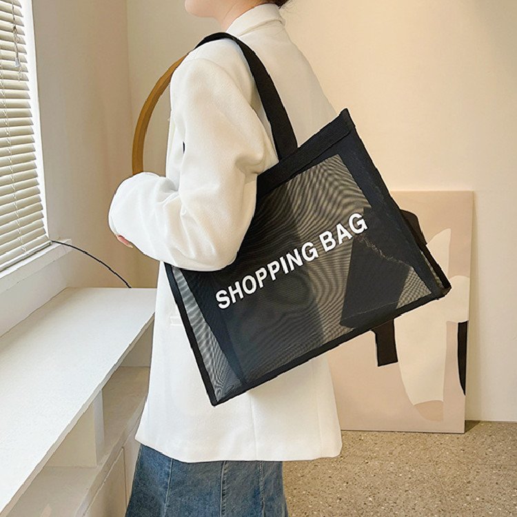 Custom Logo Black White Mesh Tote Bag Colored Nylon Shopping Bag Large Capacity Grocery Beach Women's Bag