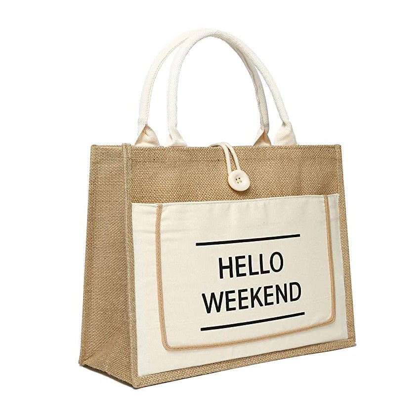Custom Natural Burlap Shopping Tote Bag Coated Linen Jute Tote Bags With Cotton Handle