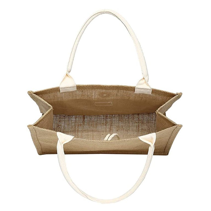 Custom Natural Burlap Shopping Tote Bag Coated Linen Jute Tote Bags With Cotton Handle
