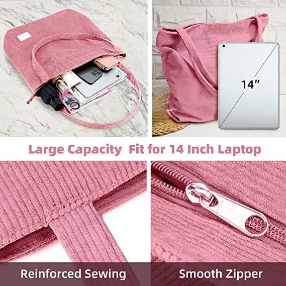 High Quality Factory Customized Corduroy Soft Tote Bag Zipper Canvas Lining Embroidery Daily Shopping Travel Ladies Hand bag