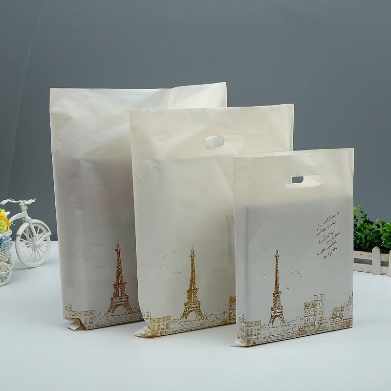 Custom logo plastic Glossy Merchandise Retail Shopping Bags For Small Business clothes shoes with Die Cut Handles Boutique Bags