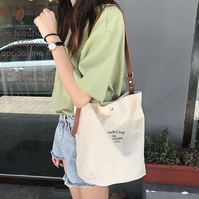 New Design Women Cotton Shoulder Bag Leisure Shopping Canvas Tote Messenger Bag with Leather Handles