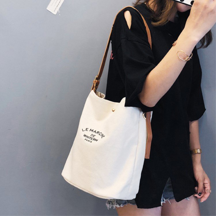 New Design Women Cotton Shoulder Bag Leisure Shopping Canvas Tote Messenger Bag with Leather Handles
