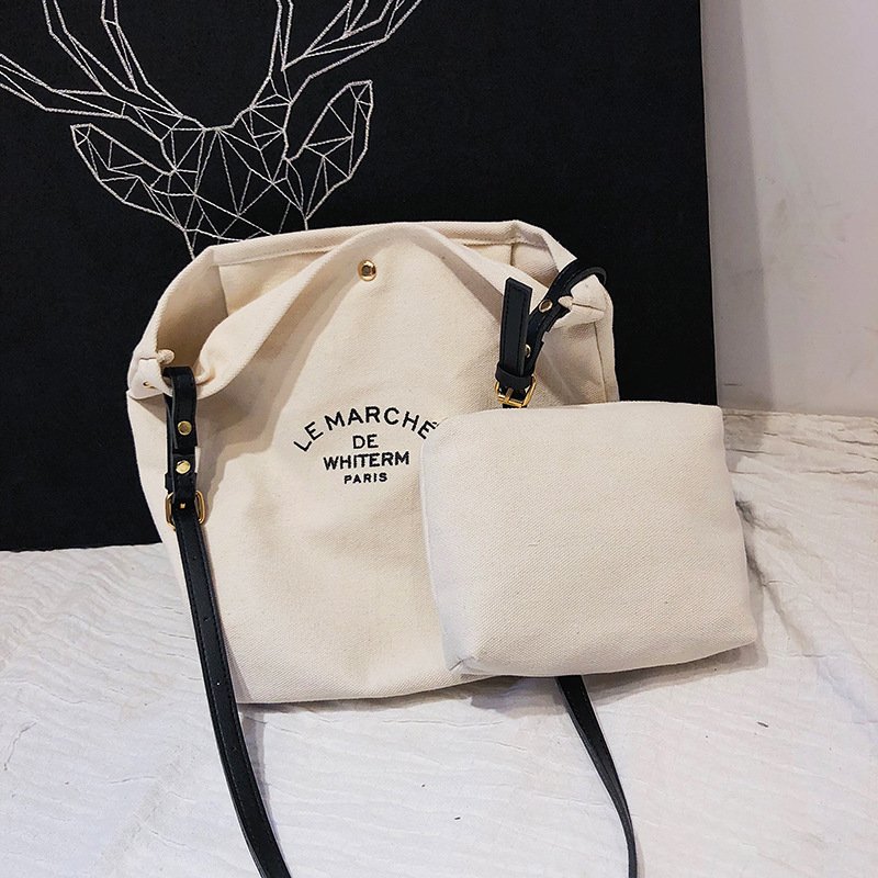 New Design Women Cotton Shoulder Bag Leisure Shopping Canvas Tote Messenger Bag with Leather Handles