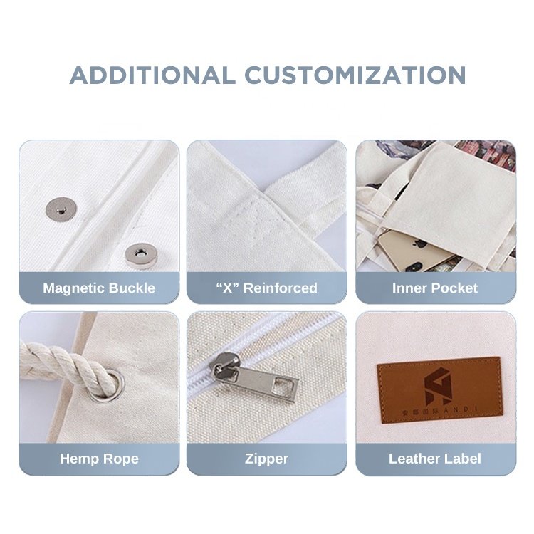 Huahao Customizable Logo Color Eco-Friendly Organic Cotton Tote Bag Canvas Bag Shopping Bag