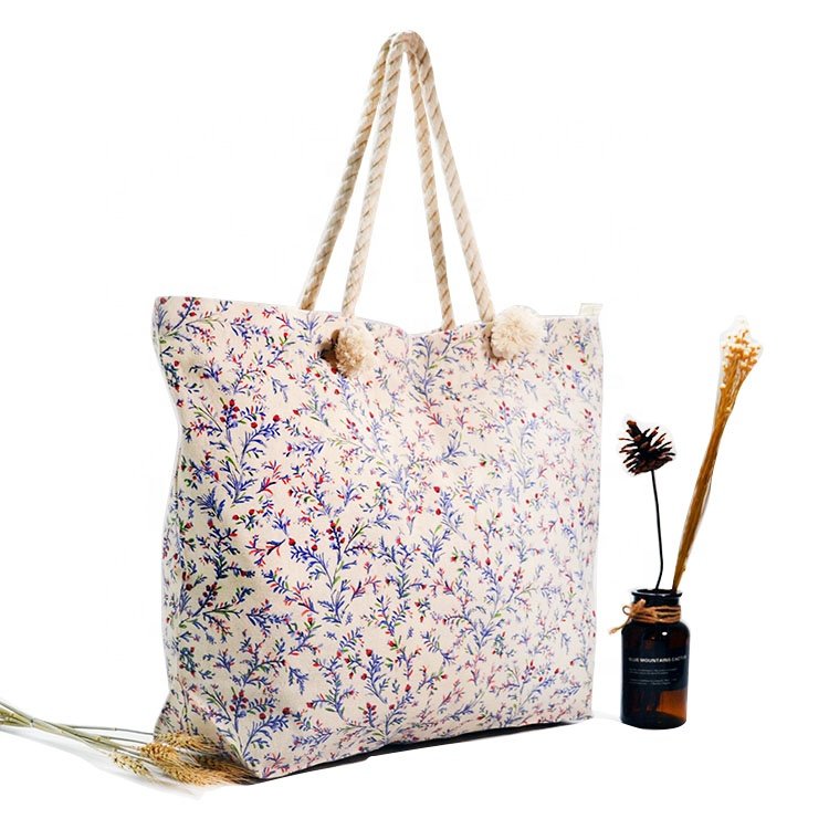 Fashion New Custom All Over Printed Cotton Shopping Bag Eco-friendly Canvas Beach Bag Large Capacity Canvas Tote Bag