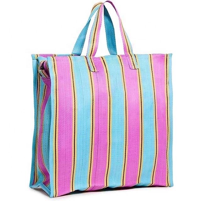 Customised Cosmetic Toiletry Pouch Sustainable Recycled Plastic Striped Shopping Tote Bag Webbing Strap Size Logo Colour Options