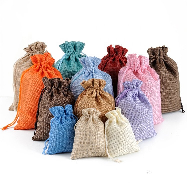 Custom Logo Silk Screen Print Jute Burlap Bags Double Shopping Pouch Linen Hemp Dust Drawstring Bag For Handbag Shoe