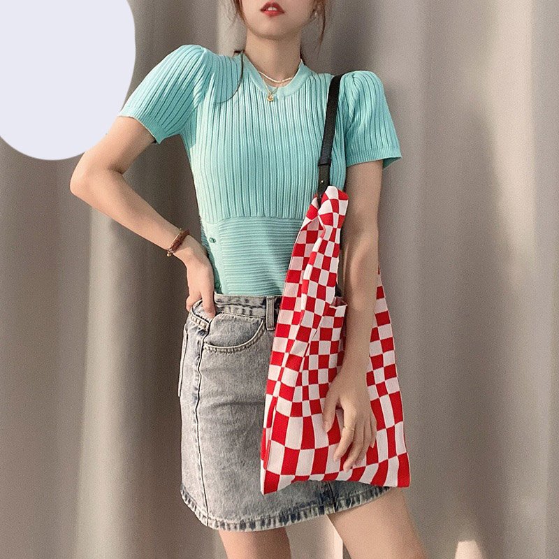Fashion Designer Wool Knitted Stripe Hand Bag Shopping Unique Bag Checkerboard Tote Bag Handbag
