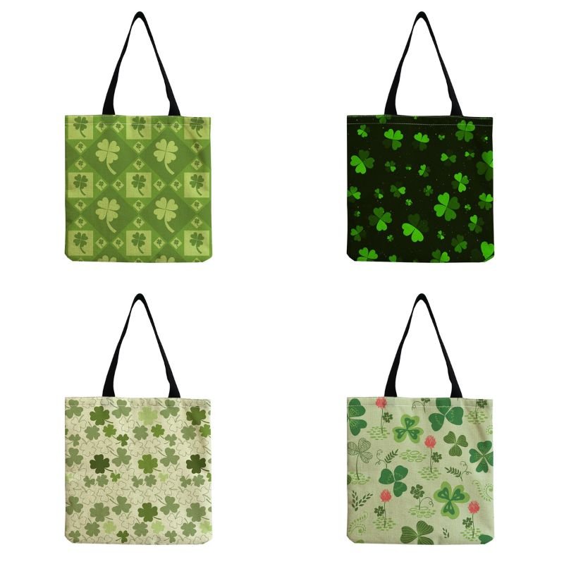 2024 New different green leaves printing linen shopping bag full printing lady handbag