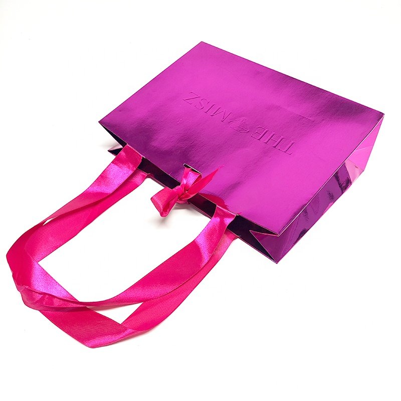 Luxury Hot pink print Packaging Christmas gift packaging paper bag shopping paper bag with ribbon