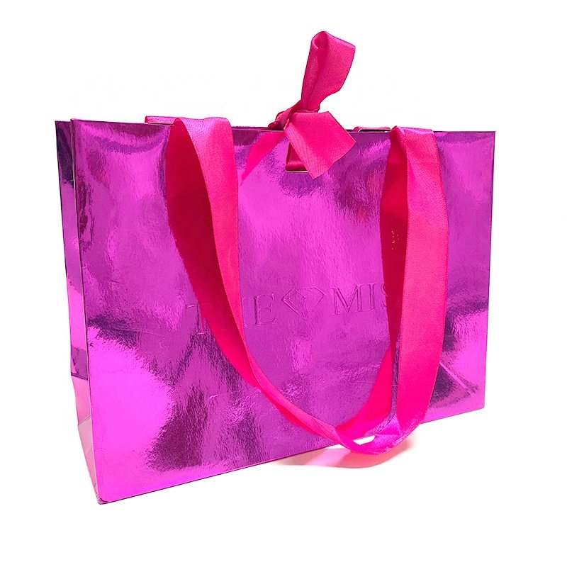 Luxury Hot pink print Packaging Christmas gift packaging paper bag shopping paper bag with ribbon