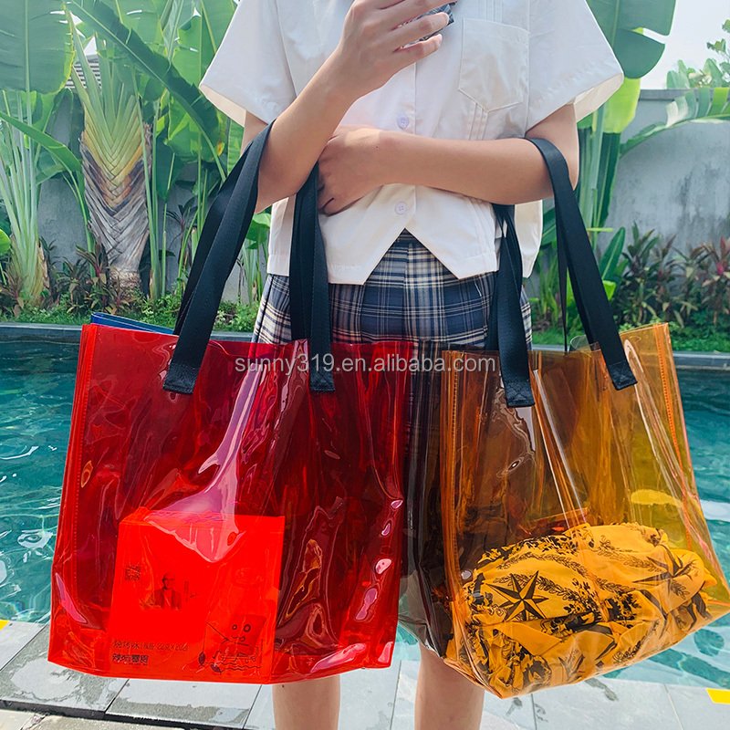 Large Capacity Ocean Blue Orange Beach Transparent Pvc Jelly Clear Shopping Bag Tote With Shoulder Handle