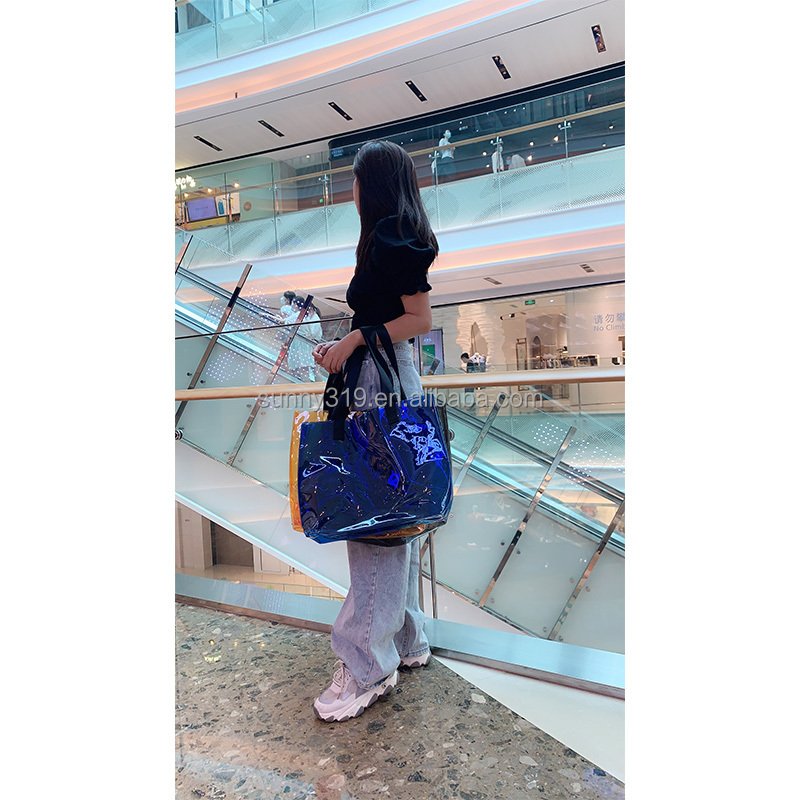 Large Capacity Ocean Blue Orange Beach Transparent Pvc Jelly Clear Shopping Bag Tote With Shoulder Handle