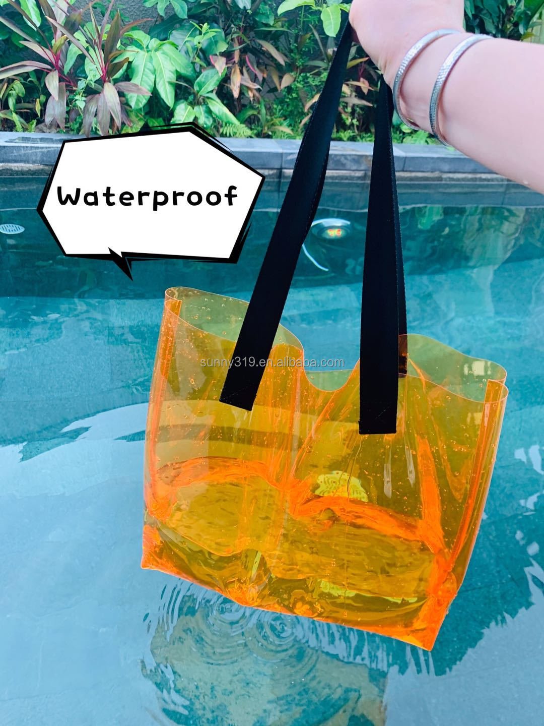 Large Capacity Ocean Blue Orange Beach Transparent Pvc Jelly Clear Shopping Bag Tote With Shoulder Handle