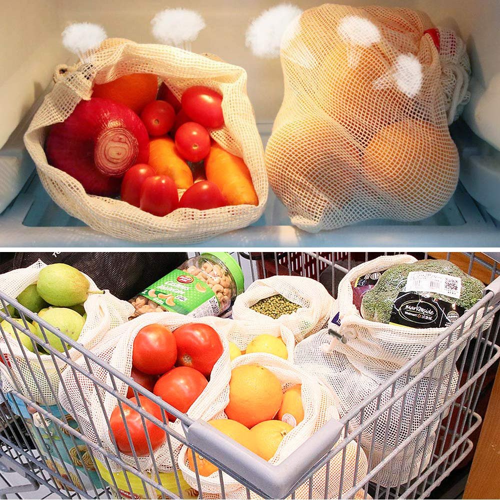 New Design Eco-Friendly 100% Cotton Fruit Vegetable Grocery Shopping Bag Net Mesh Bag Food Sustainable Storage Reusable Stylish