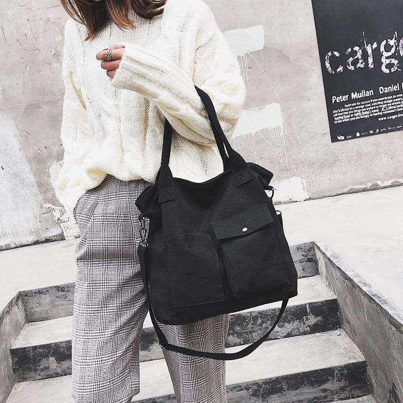 Fashionable Large Black Cotton Canvas Tote Bag Two Pockets Custom Logo Printed Plain Long Handle Travel Shopping Bag for Ladies