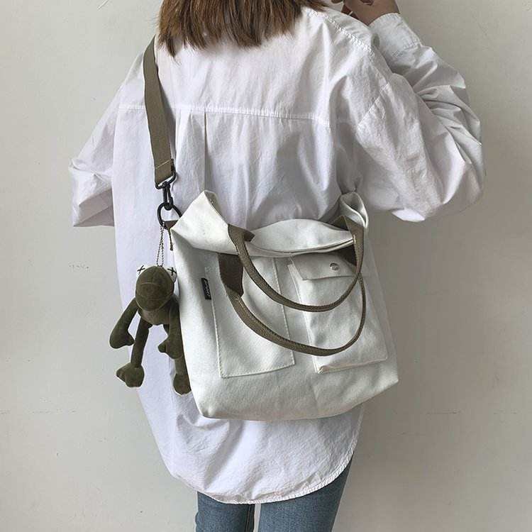 Fashionable Large Black Cotton Canvas Tote Bag Two Pockets Custom Logo Printed Plain Long Handle Travel Shopping Bag for Ladies