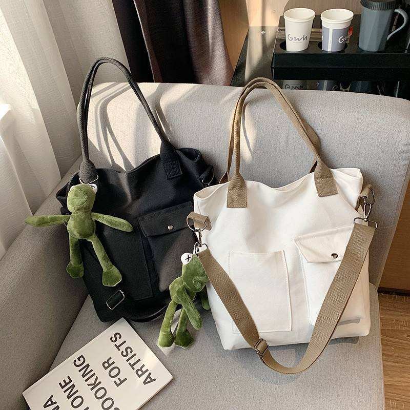 Fashionable Large Black Cotton Canvas Tote Bag Two Pockets Custom Logo Printed Plain Long Handle Travel Shopping Bag for Ladies