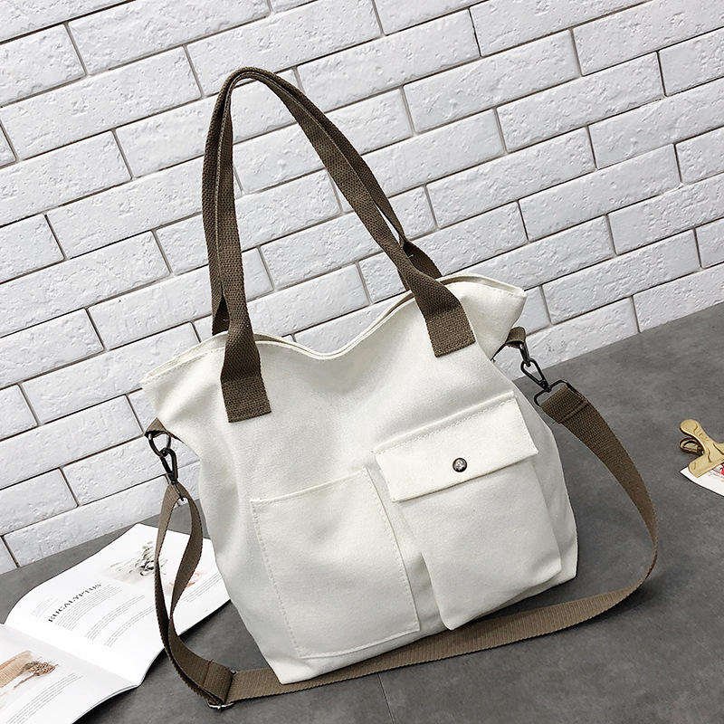 Fashionable Large Black Cotton Canvas Tote Bag Two Pockets Custom Logo Printed Plain Long Handle Travel Shopping Bag for Ladies