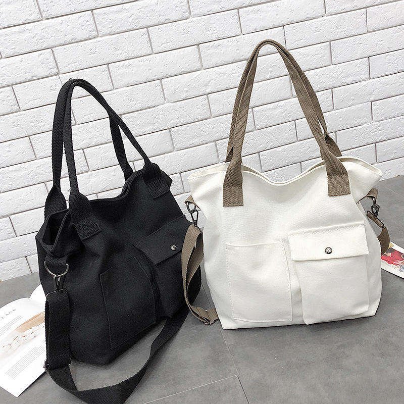 Fashionable Large Black Cotton Canvas Tote Bag Two Pockets Custom Logo Printed Plain Long Handle Travel Shopping Bag for Ladies