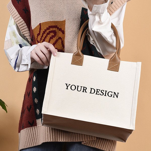 Eco friendly high quality durable custom logo waterproof laminated canvas tote shopping bag beach bag with PU handle