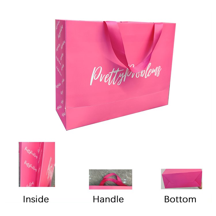 Pink Tote Bag 250 Gsm Ivory Paper Matte Lamination Paper Bag Pink Shopping Bag With White Satin Handles