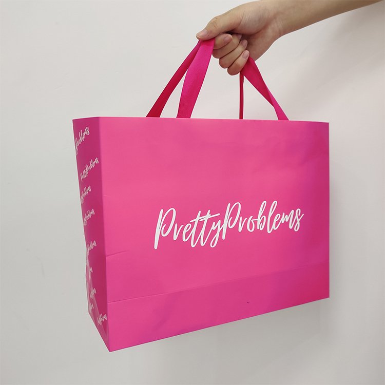 Pink Tote Bag 250 Gsm Ivory Paper Matte Lamination Paper Bag Pink Shopping Bag With White Satin Handles