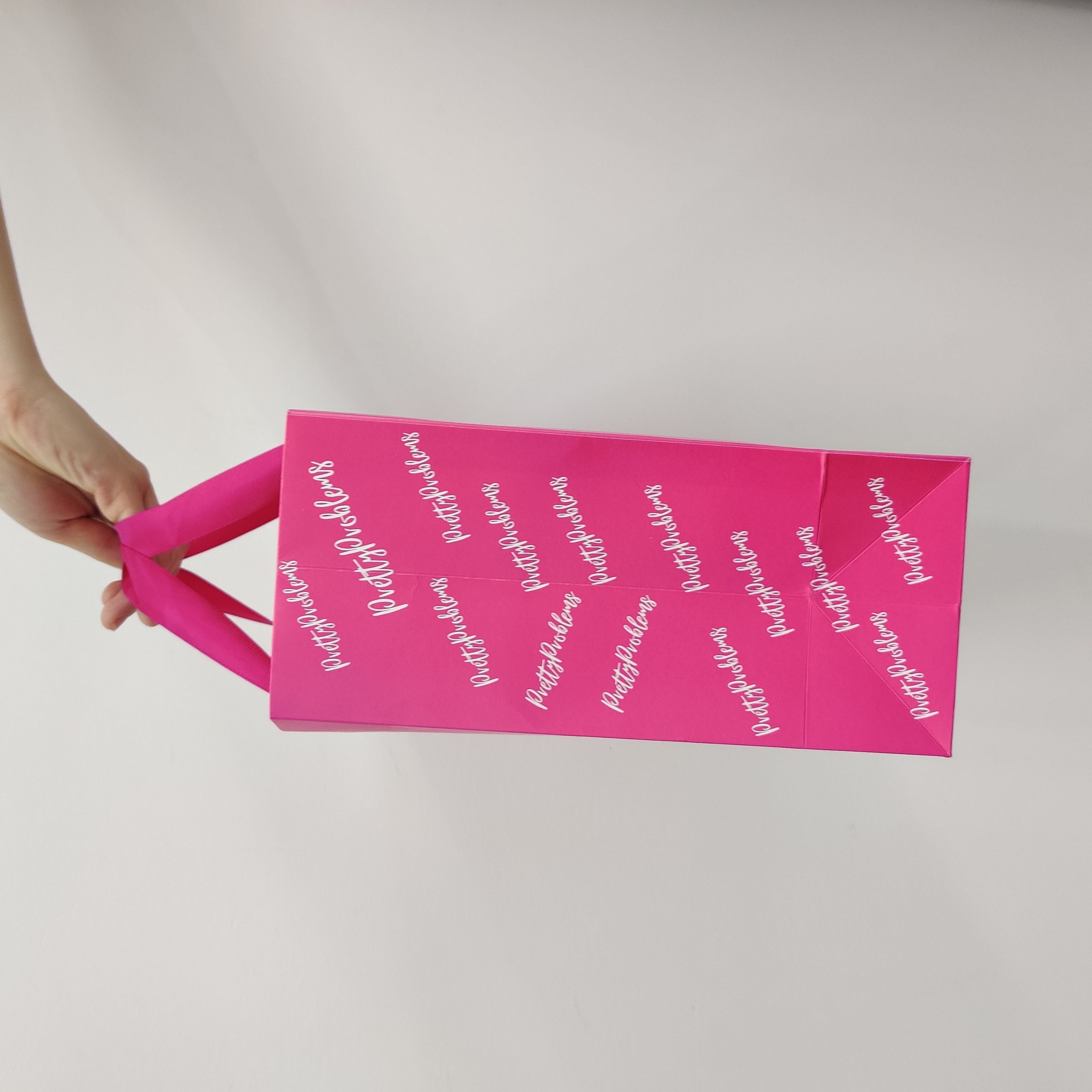Pink Tote Bag 250 Gsm Ivory Paper Matte Lamination Paper Bag Pink Shopping Bag With White Satin Handles