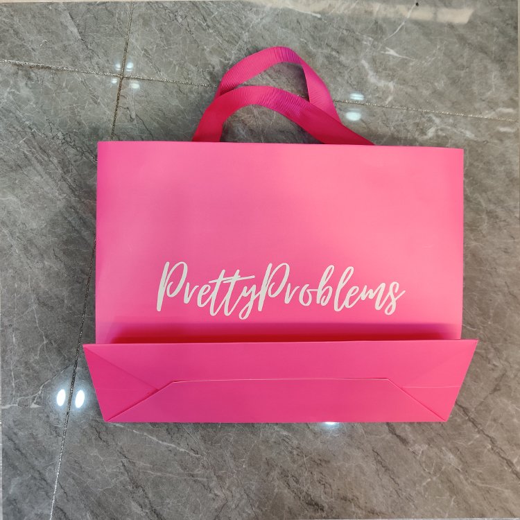 Pink Tote Bag 250 Gsm Ivory Paper Matte Lamination Paper Bag Pink Shopping Bag With White Satin Handles