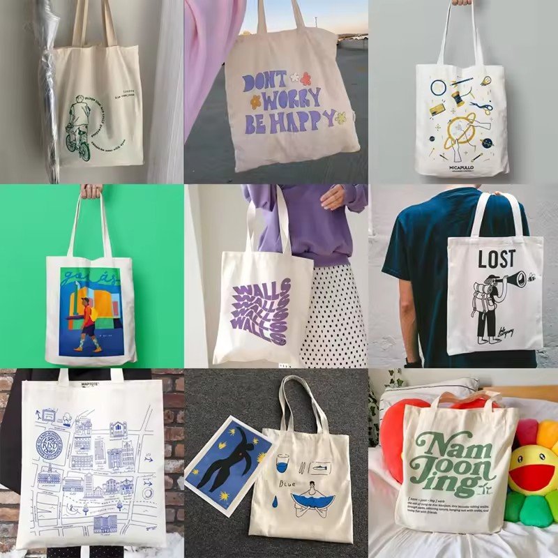 Custom Logo Eco-Friendly Creamy Beige Black Blank Cotton Shopping Bag Reusable Canvas Plain Tote Bags for Women Shoulder Grocery