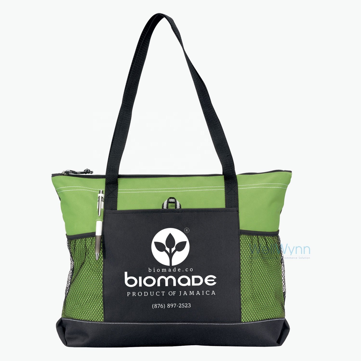 Custom Large Daily Reusable Trade Show Polyester Convention Tote Bags With Mesh Pockets