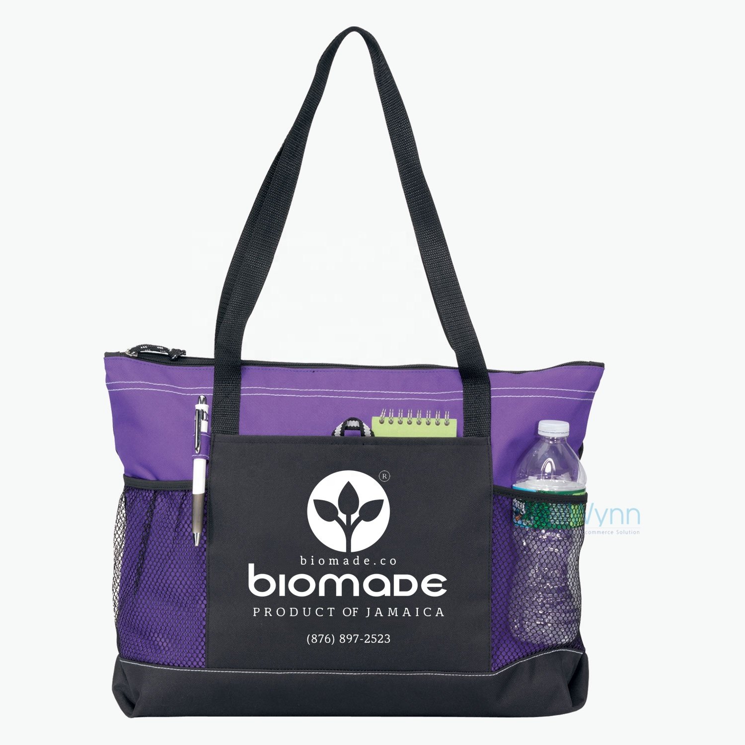 Custom Large Daily Reusable Trade Show Polyester Convention Tote Bags With Mesh Pockets