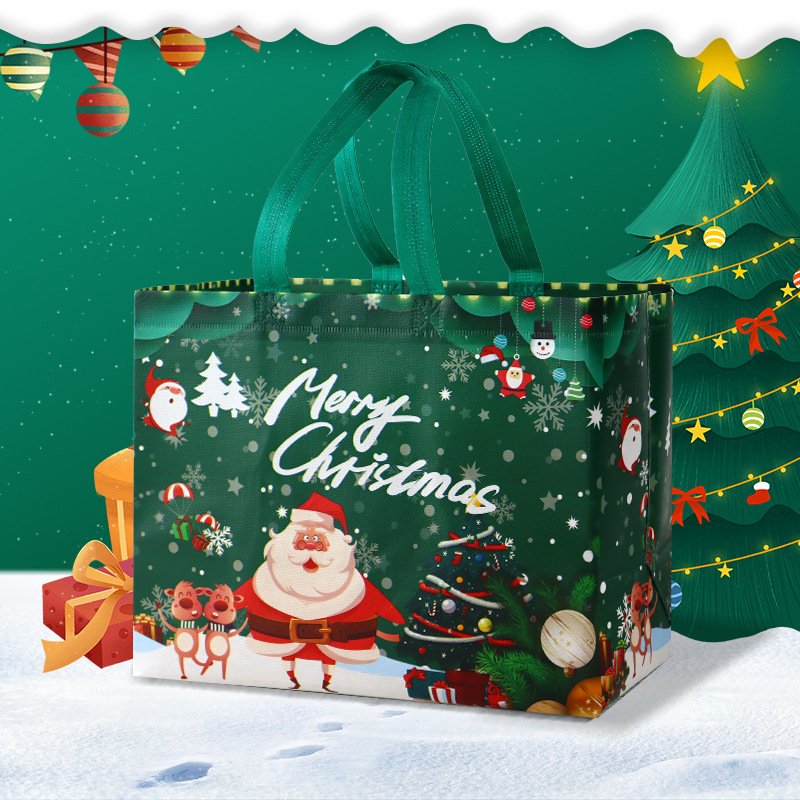 Wholesale Non Woven Christmas X'mas Tote Shopping Bag Laminated Santa Pattern Gift Packing Handbag with Letter Pattern Print