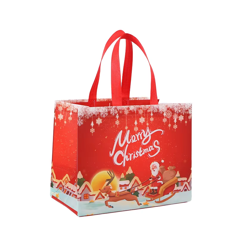 Wholesale Non Woven Christmas X'mas Tote Shopping Bag Laminated Santa Pattern Gift Packing Handbag with Letter Pattern Print