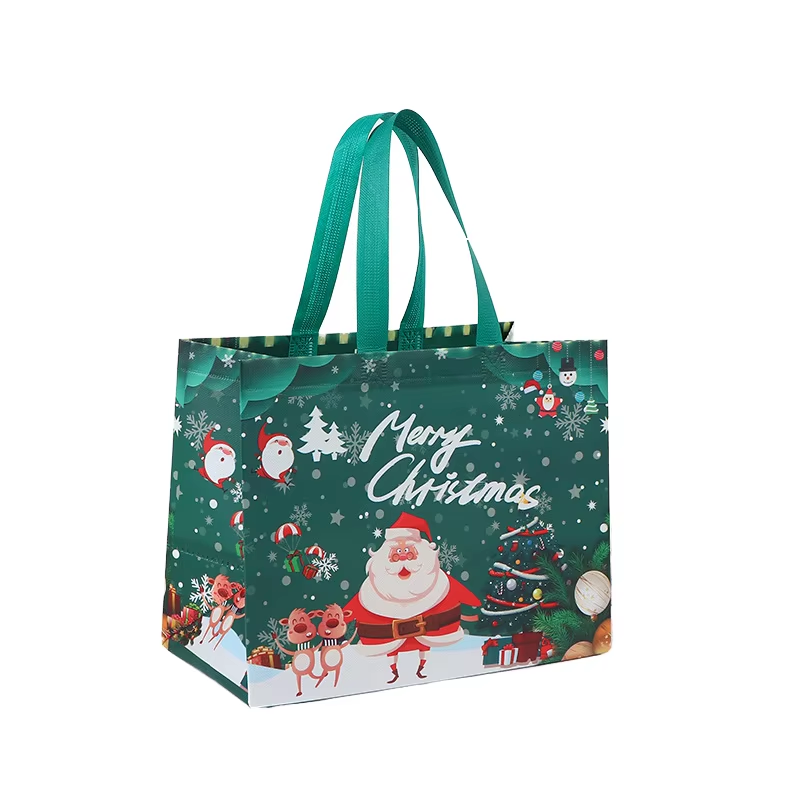 Wholesale Non Woven Christmas X'mas Tote Shopping Bag Laminated Santa Pattern Gift Packing Handbag with Letter Pattern Print