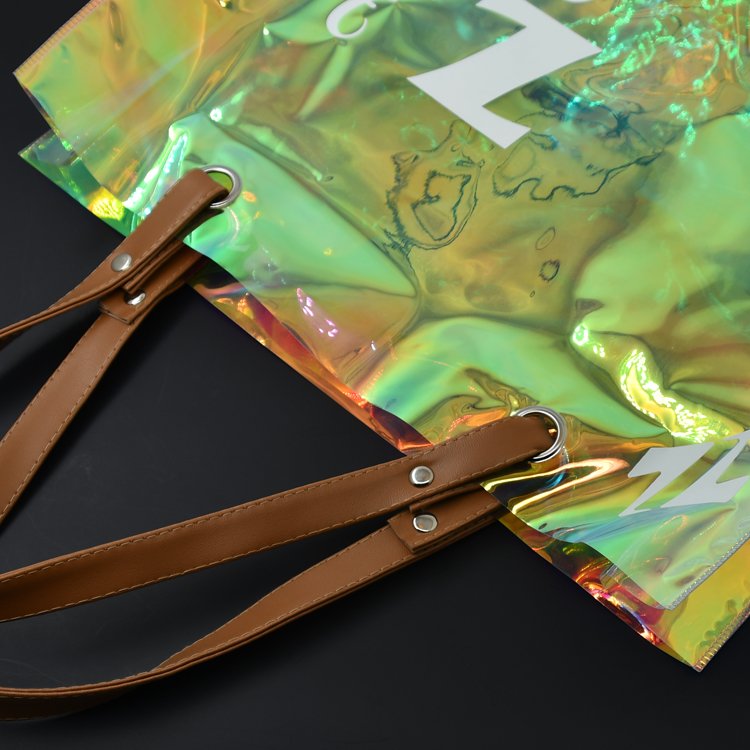 Custom Logo Fashion Casual PVC Laser Film Tote Bag Transparent Rainbow Color Gift Cosmetics PVC Shopping Bag with Handle