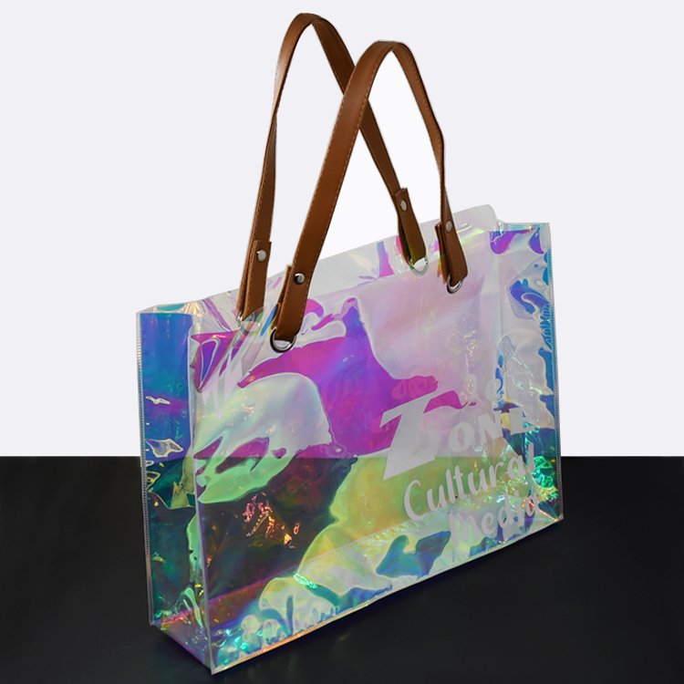 Custom Logo Fashion Casual PVC Laser Film Tote Bag Transparent Rainbow Color Gift Cosmetics PVC Shopping Bag with Handle