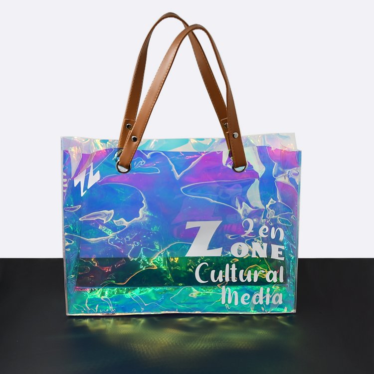 Custom Logo Fashion Casual PVC Laser Film Tote Bag Transparent Rainbow Color Gift Cosmetics PVC Shopping Bag with Handle