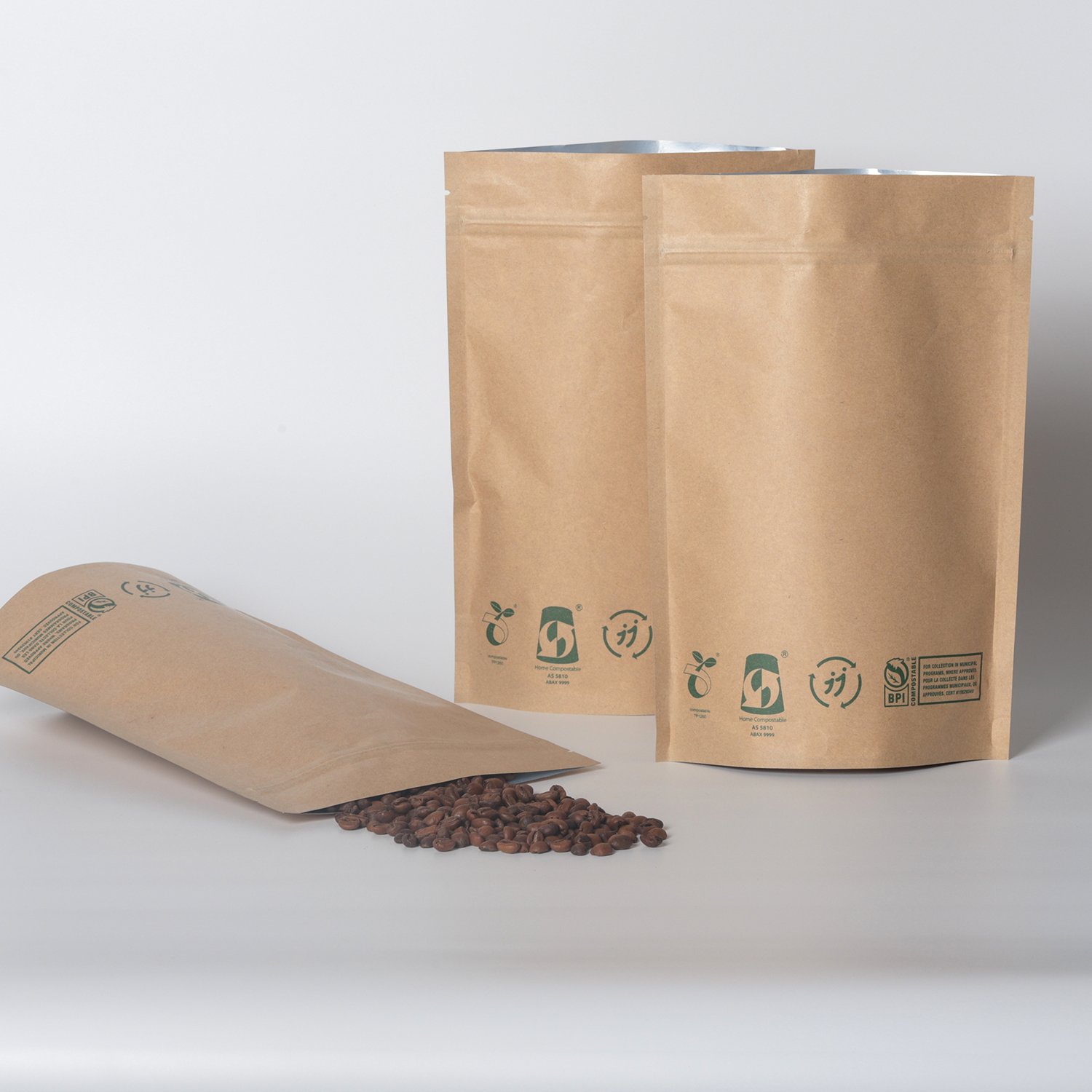 compostable biodegradable brown kraft paper aluminum foil stand up doypack bag zipper valve high barrier food bottom gusset bag