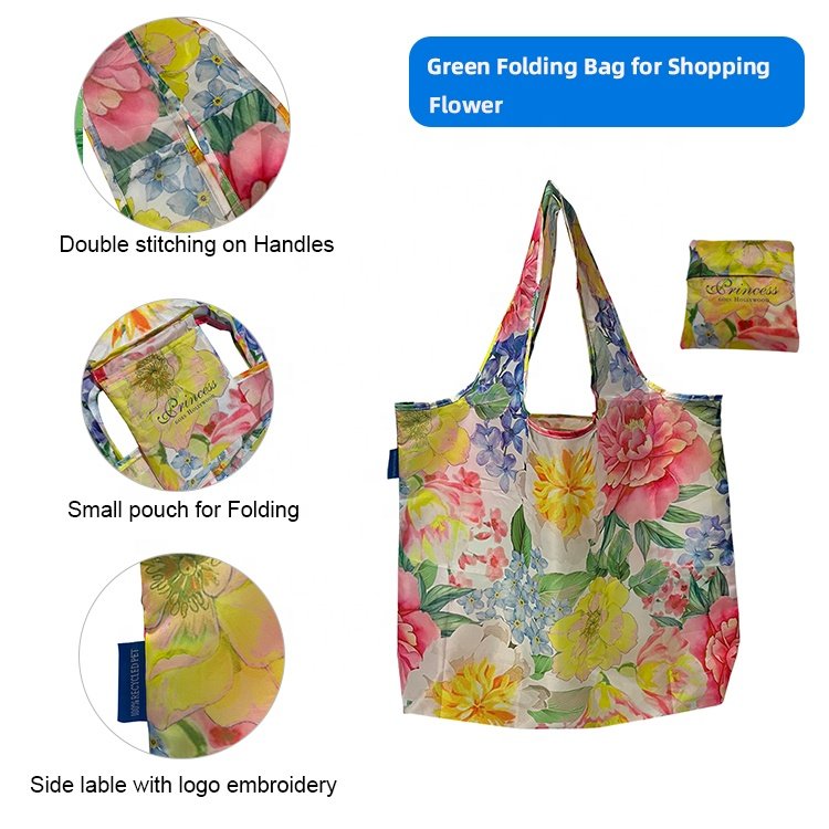 Easy Carry Portable Eco Reusable Pocket Tote Bag 190T 210D 210T Polyester Print Foldable Shopping Bag