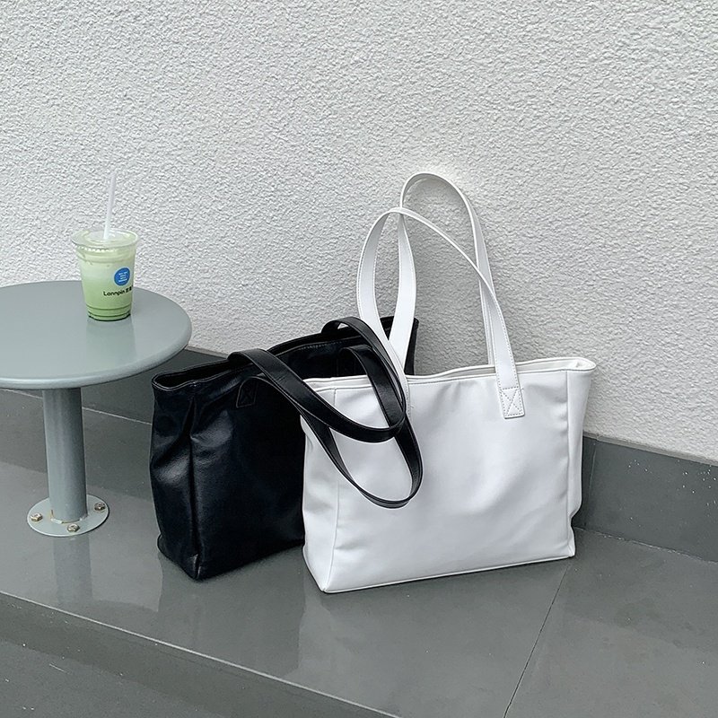 OEM Wholesale Black Simple Soft PU Leather Shoulder Korean Tote Classic Style Large Capacity Shopping Bag