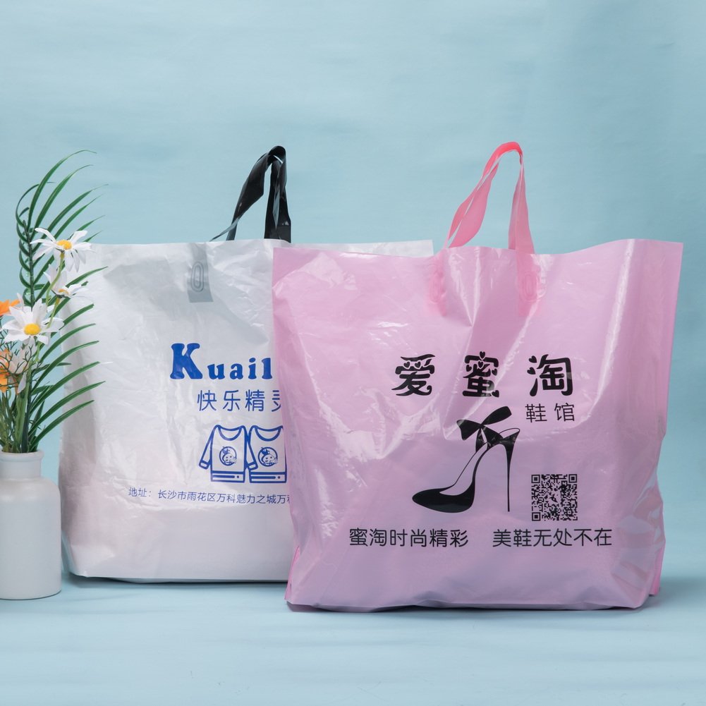 Custom manufacturer thank you clear printing packaging bags handle big small carrier plastic package shopping bags with logo