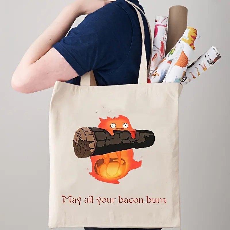 1 pc May All Your Bacon Burn pattern Tote Canvas Personalized Shoulder Bag For Travel Women's Reusable Shopping Bag