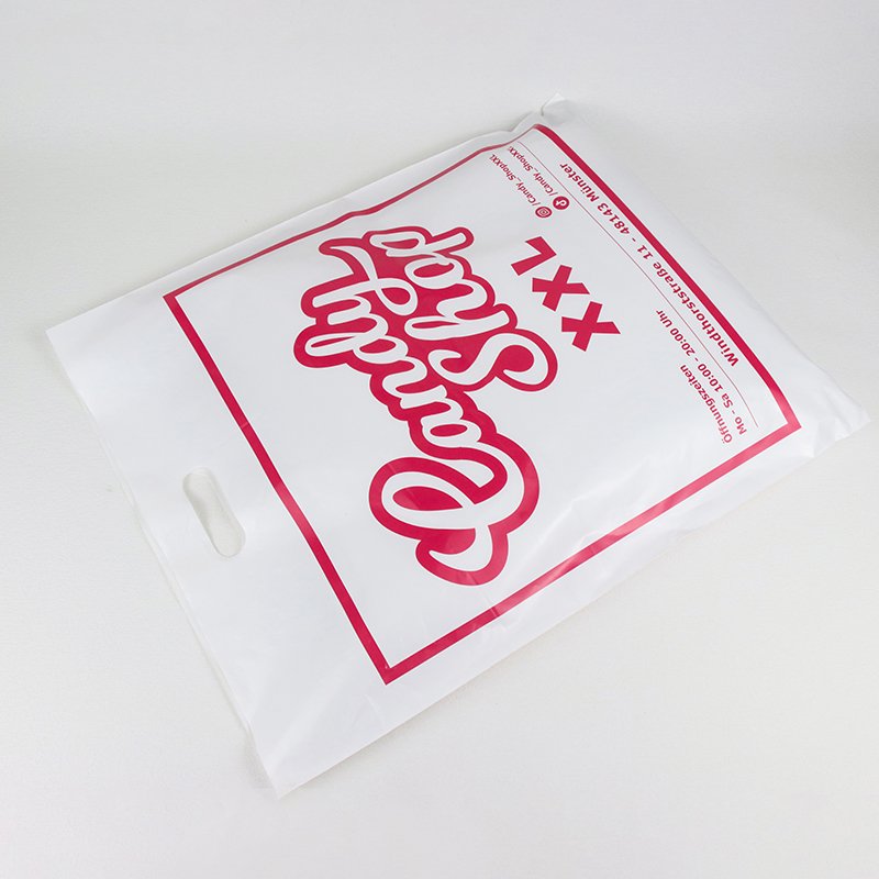 Custom Red Plastic Printed Logo Waterproof Reusable Retail Luxury Clothing Die cut Shopping Bag With Handle